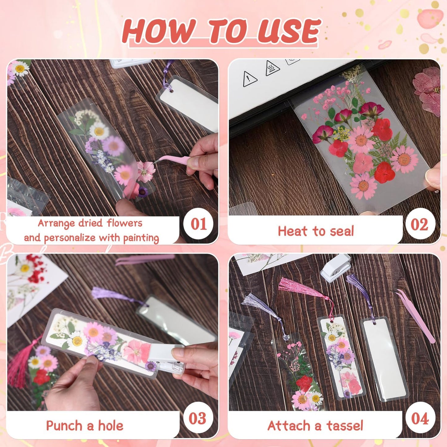 440 Pcs Pressed Flower Bookmark Making Kit, DIY Bookmark Laminating Pouches with Tassels and Puncher, Dried Flower Craft Kits for Adults Women, Valentine Bookish Gifts for Book Lovers