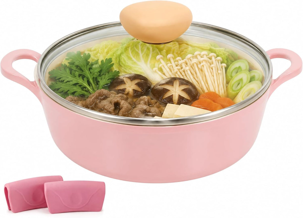 Retro 2.0Qt Low Stock Pot with Glass Lid, 8.7-Inch Nonstick Ceramic Coated Casserole Pot, Shallow Pot for Soup, Pasta, Stew, Pasta & Hot Pot, Dishwasher Safe, Made in Korea, Pink