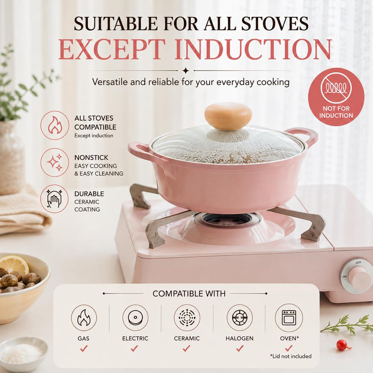 Retro 2.0Qt Low Stock Pot with Glass Lid, 8.7-Inch Nonstick Ceramic Coated Casserole Pot, Shallow Pot for Soup, Pasta, Stew, Pasta & Hot Pot, Dishwasher Safe, Made in Korea, Pink
