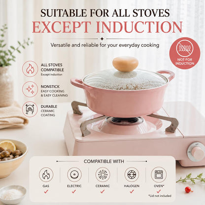 Retro 2.0Qt Low Stock Pot with Glass Lid, 8.7-Inch Nonstick Ceramic Coated Casserole Pot, Shallow Pot for Soup, Pasta, Stew, Pasta & Hot Pot, Dishwasher Safe, Made in Korea, Pink
