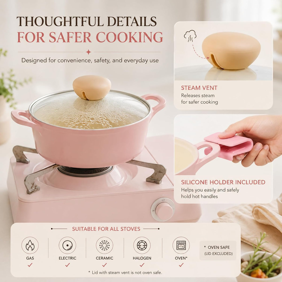 Retro 2.0Qt Low Stock Pot with Glass Lid, 8.7-Inch Nonstick Ceramic Coated Casserole Pot, Shallow Pot for Soup, Pasta, Stew, Pasta & Hot Pot, Dishwasher Safe, Made in Korea, Pink