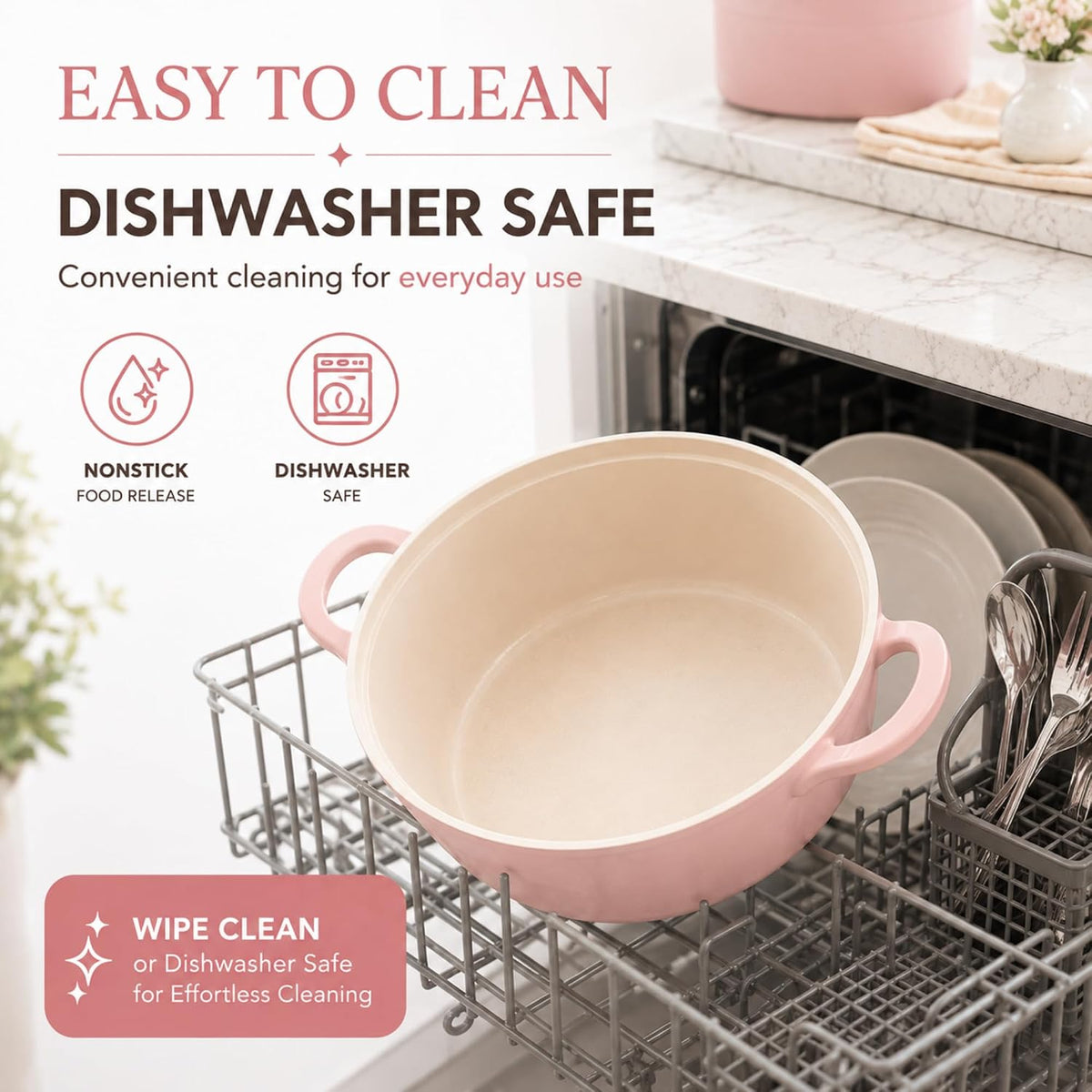 Retro 2.0Qt Low Stock Pot with Glass Lid, 8.7-Inch Nonstick Ceramic Coated Casserole Pot, Shallow Pot for Soup, Pasta, Stew, Pasta & Hot Pot, Dishwasher Safe, Made in Korea, Pink