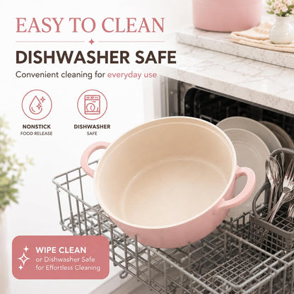 Retro 2.0Qt Low Stock Pot with Glass Lid, 8.7-Inch Nonstick Ceramic Coated Casserole Pot, Shallow Pot for Soup, Pasta, Stew, Pasta & Hot Pot, Dishwasher Safe, Made in Korea, Pink