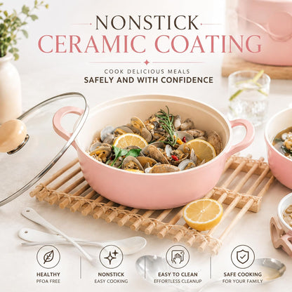 Retro 2.0Qt Low Stock Pot with Glass Lid, 8.7-Inch Nonstick Ceramic Coated Casserole Pot, Shallow Pot for Soup, Pasta, Stew, Pasta & Hot Pot, Dishwasher Safe, Made in Korea, Pink
