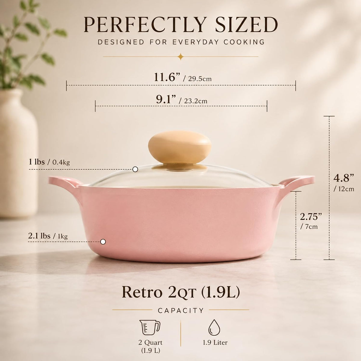 Retro 2.0Qt Low Stock Pot with Glass Lid, 8.7-Inch Nonstick Ceramic Coated Casserole Pot, Shallow Pot for Soup, Pasta, Stew, Pasta & Hot Pot, Dishwasher Safe, Made in Korea, Pink