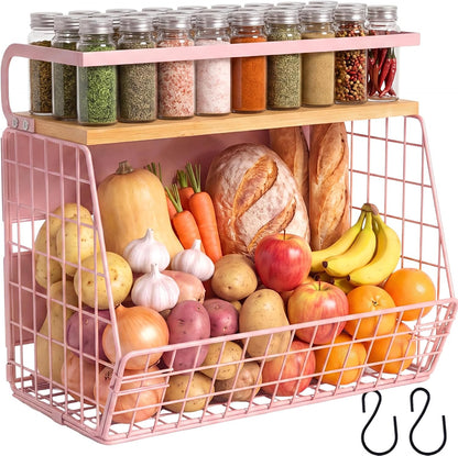 Magnetic Shelf for Fridge with Wood Lid, Fruit Potato and Onion Storage Bins, Pantry Organizers & Storage, Large Container Magnetic Spice Rack for Refrigerator, Kitchen Counter, Cabinet (Pink, 1)