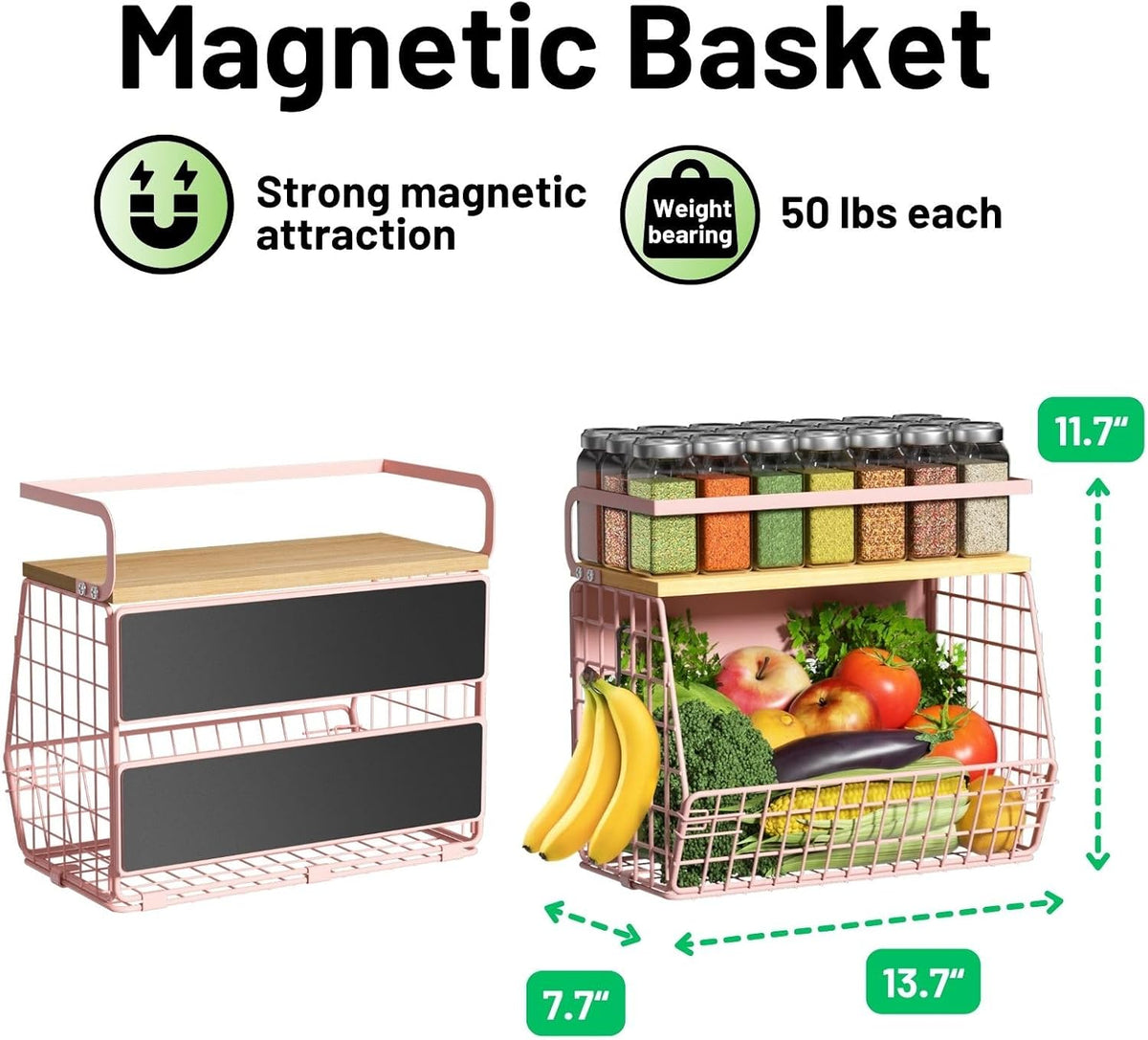 Magnetic Shelf for Fridge with Wood Lid, Fruit Potato and Onion Storage Bins, Pantry Organizers & Storage, Large Container Magnetic Spice Rack for Refrigerator, Kitchen Counter, Cabinet (Pink, 1)