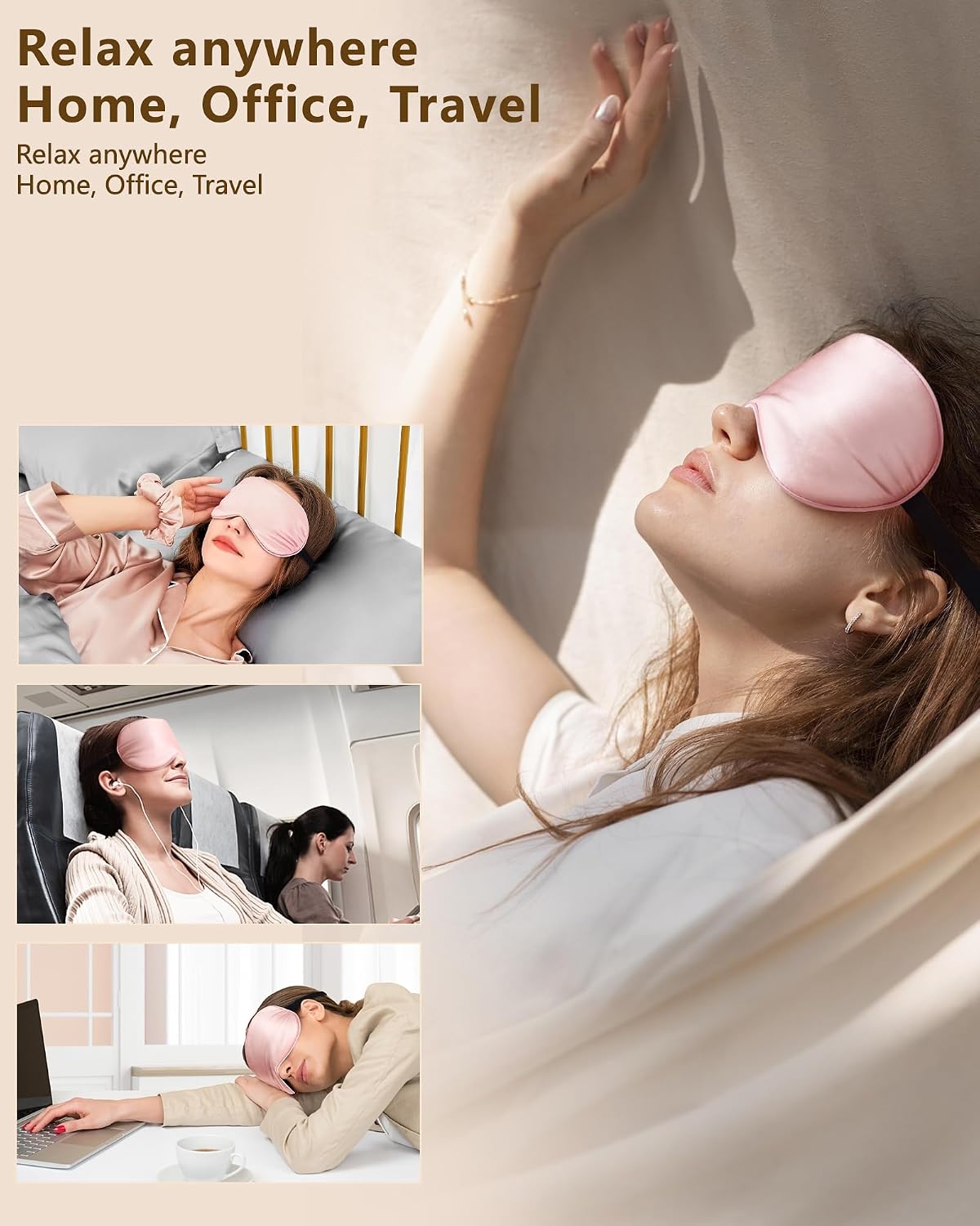 Silk Sleep Mask for Women - Soft Breathable Organic Natural Mulberry Silk Fabric Blackout Eye Mask for Sleeping with Adjustable Straps No Pressure Eye Mask for Travel Essentials Gifts (Pink)