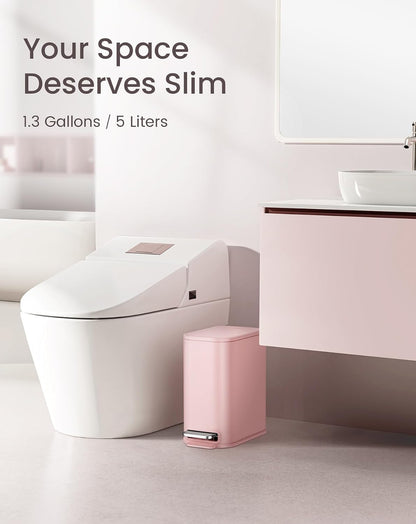 Small Bathroom Trash Can with Lid Soft Close & Pedal, 1.3 Gal, Pink