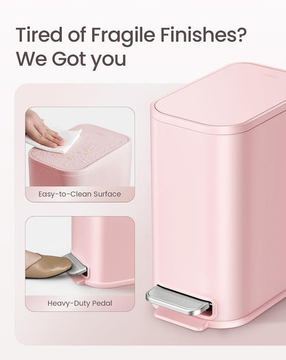 Small Bathroom Trash Can with Lid Soft Close & Pedal, 1.3 Gal, Pink