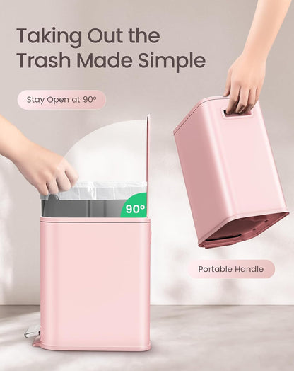 Small Bathroom Trash Can with Lid Soft Close & Pedal, 1.3 Gal, Pink