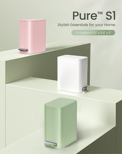 Small Bathroom Trash Can with Lid Soft Close & Pedal, 1.3 Gal, Pink