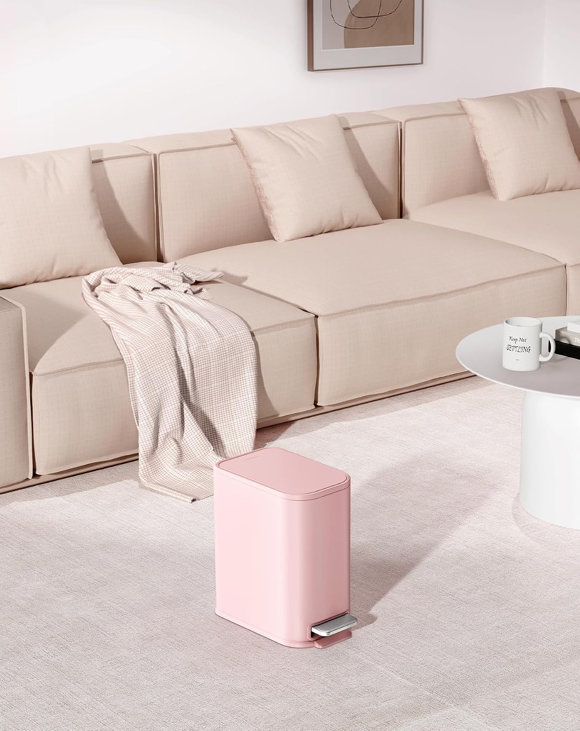 Small Bathroom Trash Can with Lid Soft Close & Pedal, 1.3 Gal, Pink