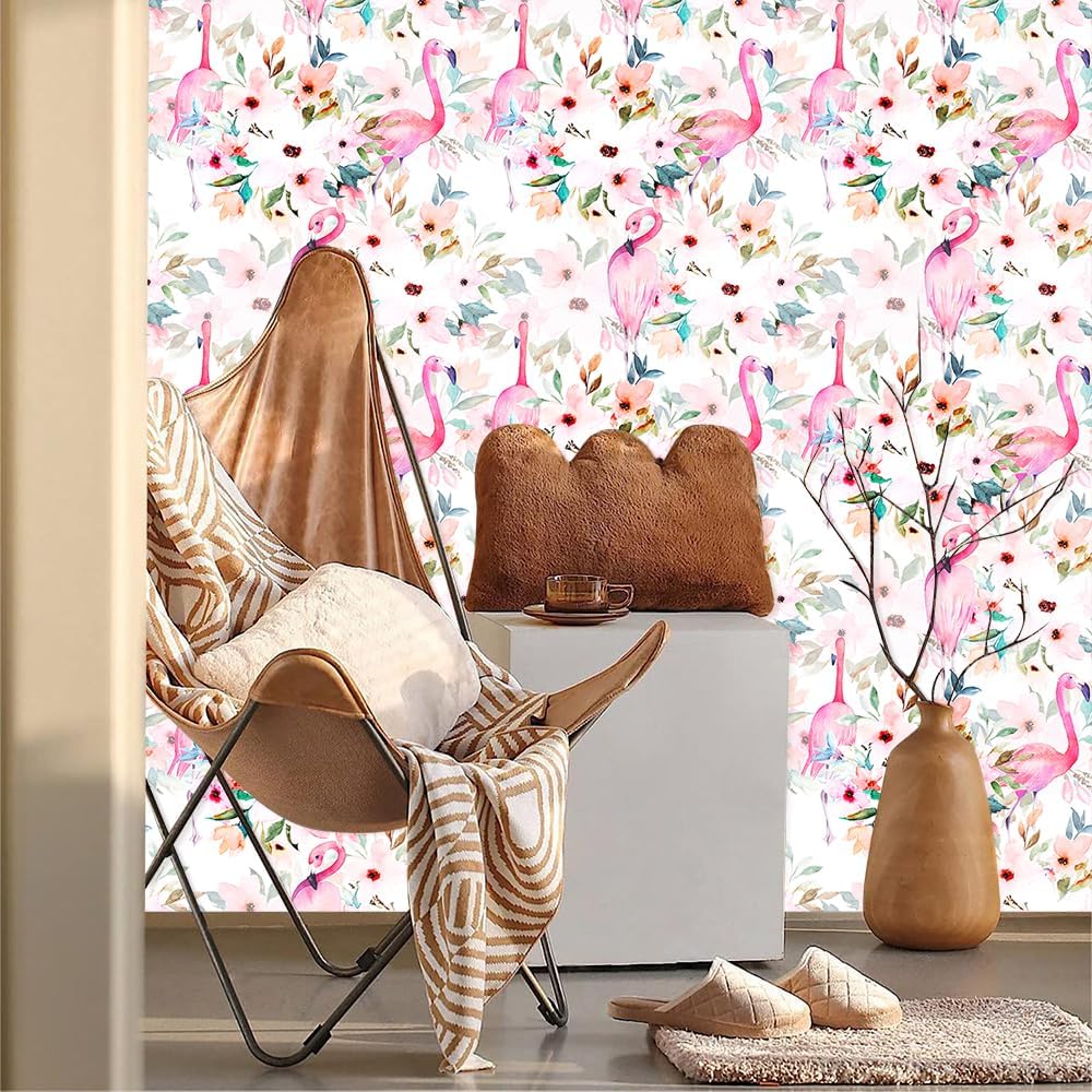 Watercolor Pink Flamingo Bird Flower Peel and Stick Wallpaper Self Adhesive Removable Easy Peel Off Stick on Wall Paper for Bedroom Cabinet Renter