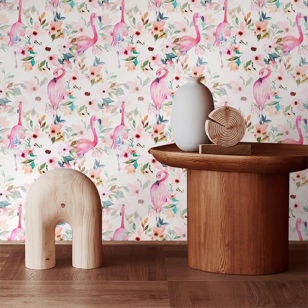 Watercolor Pink Flamingo Bird Flower Peel and Stick Wallpaper Self Adhesive Removable Easy Peel Off Stick on Wall Paper for Bedroom Cabinet Renter