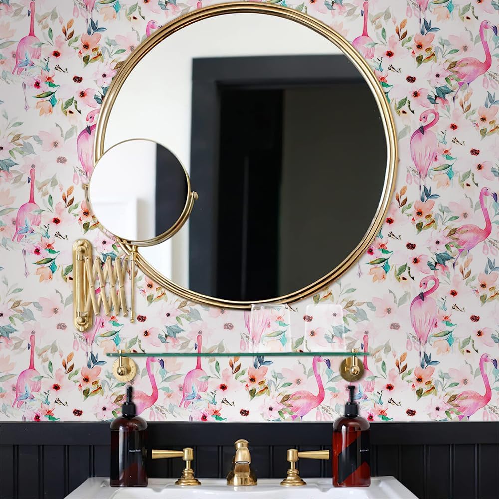 Watercolor Pink Flamingo Bird Flower Peel and Stick Wallpaper Self Adhesive Removable Easy Peel Off Stick on Wall Paper for Bedroom Cabinet Renter