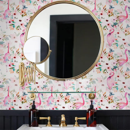 Watercolor Pink Flamingo Bird Flower Peel and Stick Wallpaper Self Adhesive Removable Easy Peel Off Stick on Wall Paper for Bedroom Cabinet Renter