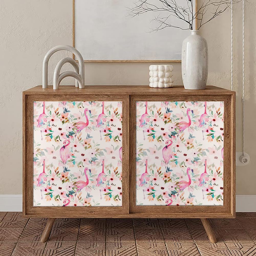 Watercolor Pink Flamingo Bird Flower Peel and Stick Wallpaper Self Adhesive Removable Easy Peel Off Stick on Wall Paper for Bedroom Cabinet Renter