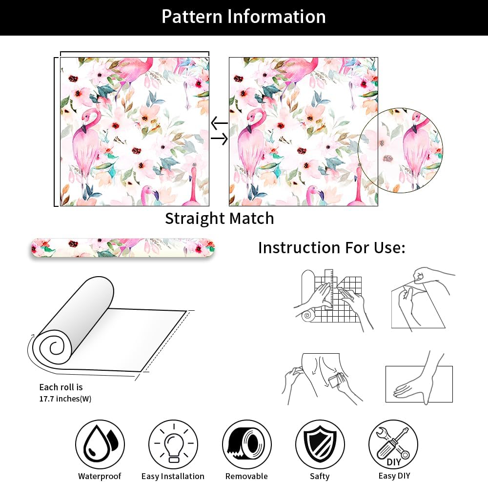 Watercolor Pink Flamingo Bird Flower Peel and Stick Wallpaper Self Adhesive Removable Easy Peel Off Stick on Wall Paper for Bedroom Cabinet Renter