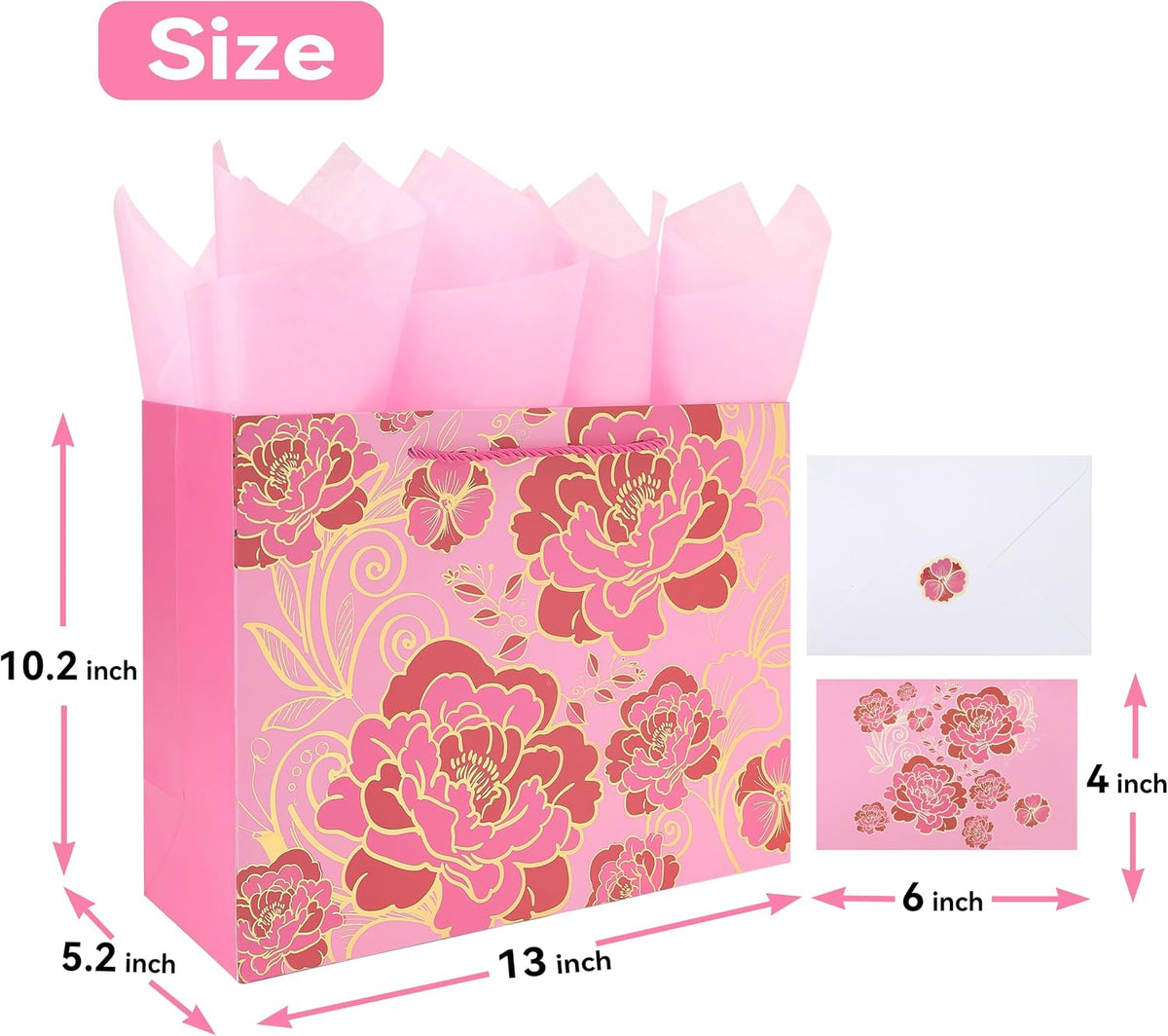 13" Large Rose Pink Gift Bag Set with Greeting Card and Tissue Paper(Foil Traced Flowers) for Celebrating Birthdays, Mother's Day, Valentine's Day, Weddings, Anniversaries - 13”x5.2”x10.2”,1 Pcs.