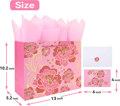 13" Large Rose Pink Gift Bag Set with Greeting Card and Tissue Paper(Foil Traced Flowers) for Celebrating Birthdays, Mother's Day, Valentine's Day, Weddings, Anniversaries - 13”x5.2”x10.2”,1 Pcs.