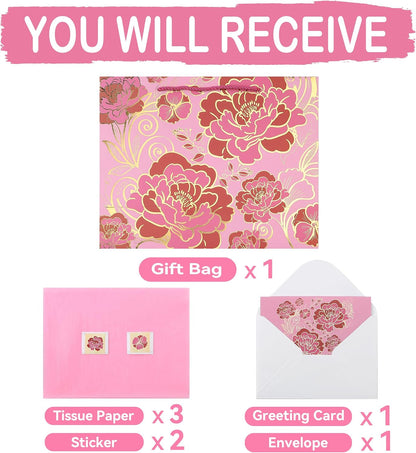 13" Large Rose Pink Gift Bag Set with Greeting Card and Tissue Paper(Foil Traced Flowers) for Celebrating Birthdays, Mother's Day, Valentine's Day, Weddings, Anniversaries - 13”x5.2”x10.2”,1 Pcs.