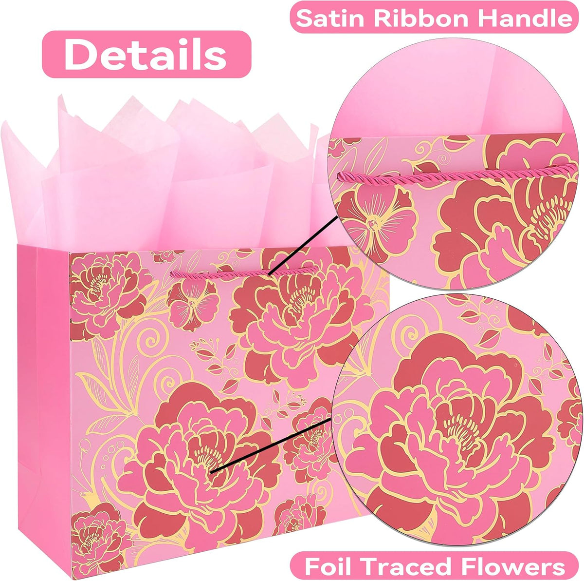 13" Large Rose Pink Gift Bag Set with Greeting Card and Tissue Paper(Foil Traced Flowers) for Celebrating Birthdays, Mother's Day, Valentine's Day, Weddings, Anniversaries - 13”x5.2”x10.2”,1 Pcs.