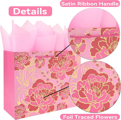 13" Large Rose Pink Gift Bag Set with Greeting Card and Tissue Paper(Foil Traced Flowers) for Celebrating Birthdays, Mother's Day, Valentine's Day, Weddings, Anniversaries - 13”x5.2”x10.2”,1 Pcs.