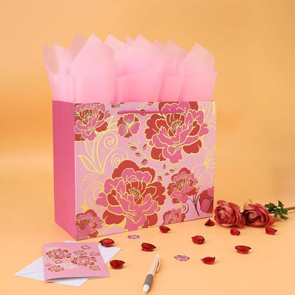 13" Large Rose Pink Gift Bag Set with Greeting Card and Tissue Paper(Foil Traced Flowers) for Celebrating Birthdays, Mother's Day, Valentine's Day, Weddings, Anniversaries - 13”x5.2”x10.2”,1 Pcs.