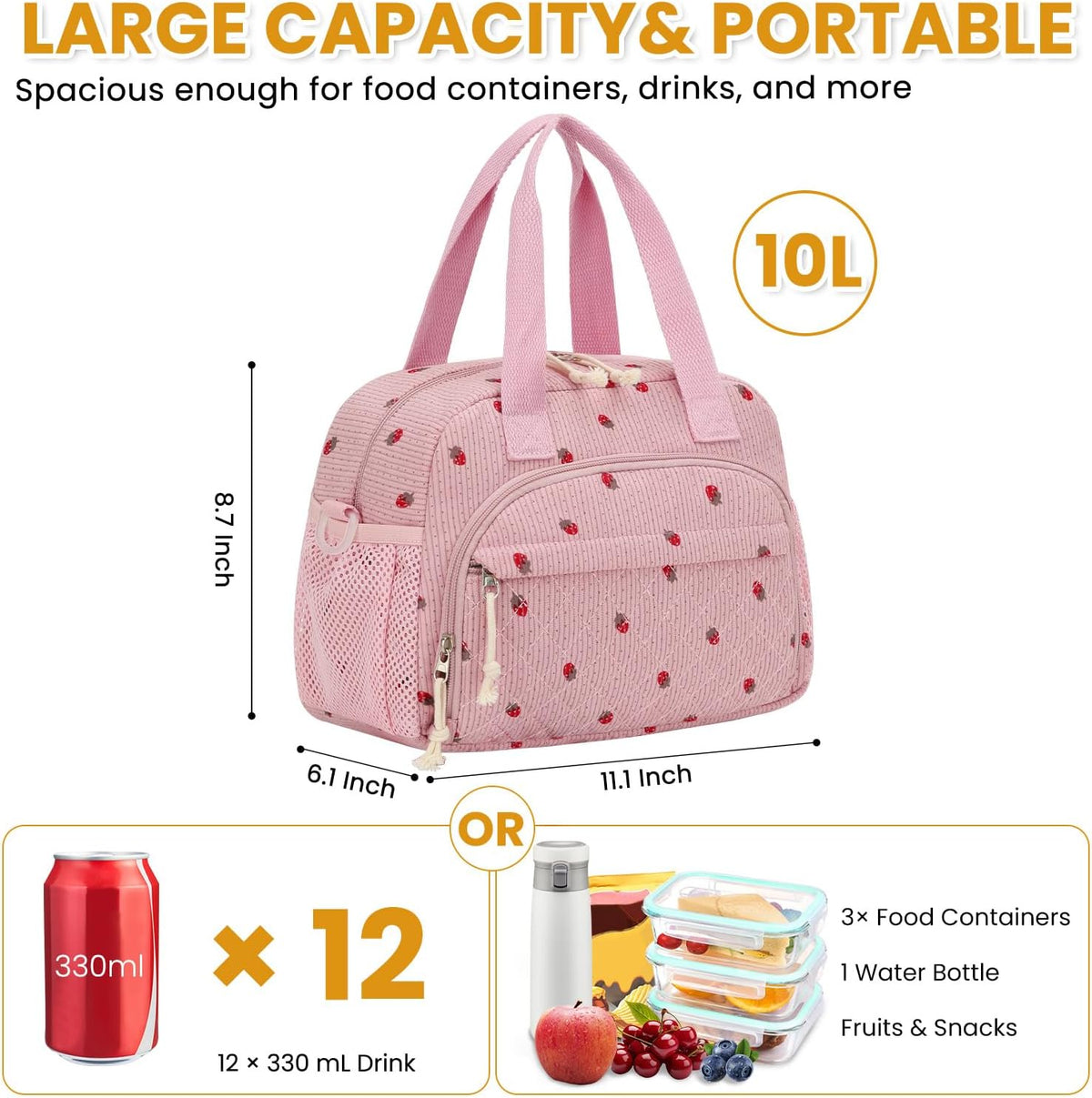Corduroy Insulated Lunch Bag for Women Teen Girls
