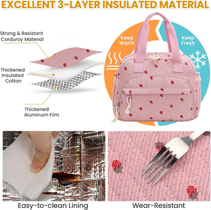 Corduroy Insulated Lunch Bag for Women Teen Girls