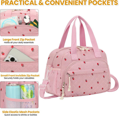 Corduroy Insulated Lunch Bag for Women Teen Girls