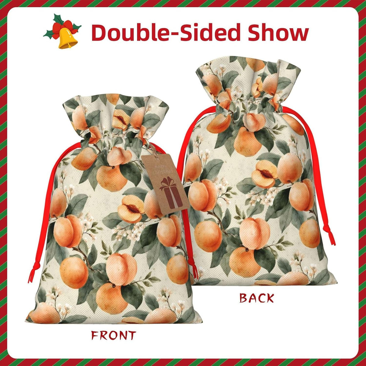 Peaches (2) Print Christmas Drawstring Gift Bags, Reusable Candy Treat Bags For Holiday Birthday Party