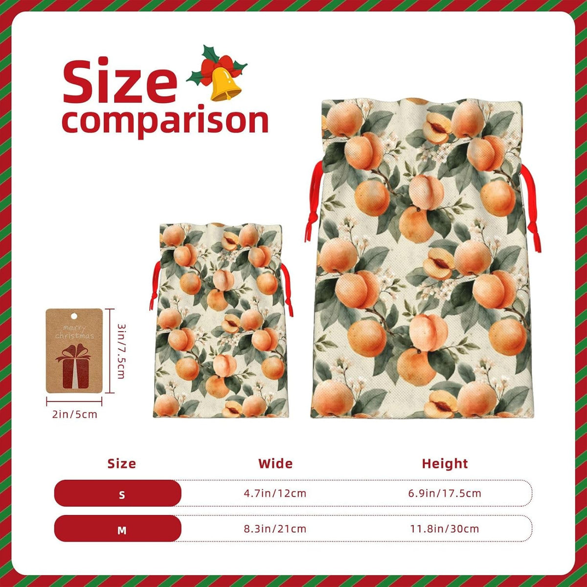 Peaches (2) Print Christmas Drawstring Gift Bags, Reusable Candy Treat Bags For Holiday Birthday Party