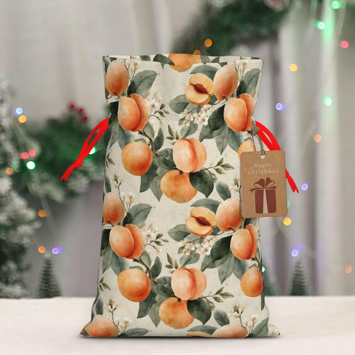 Peaches (2) Print Christmas Drawstring Gift Bags, Reusable Candy Treat Bags For Holiday Birthday Party