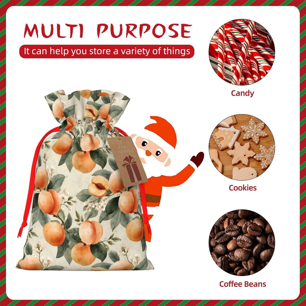 Peaches (2) Print Christmas Drawstring Gift Bags, Reusable Candy Treat Bags For Holiday Birthday Party