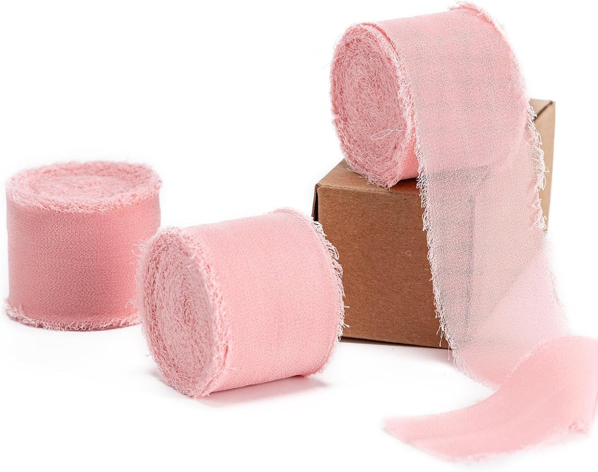 Blush Pink Handmade Chiffon Ribbon,1.5Inch x 3 Rolls Total 24 Yards Ribbon