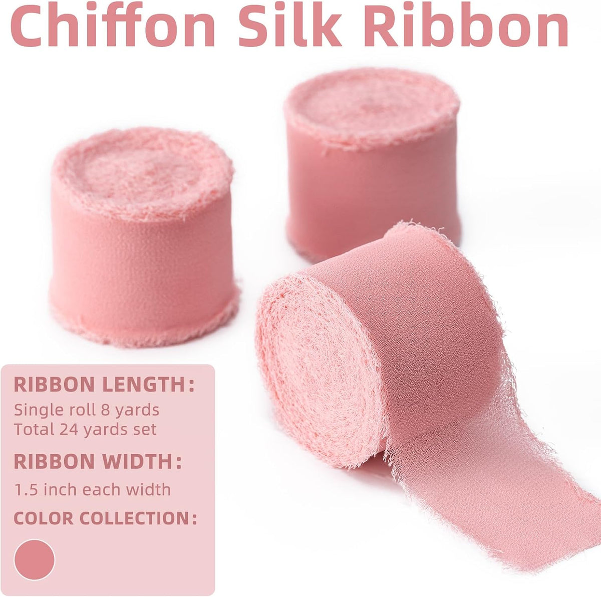 Blush Pink Handmade Chiffon Ribbon,1.5Inch x 3 Rolls Total 24 Yards Ribbon