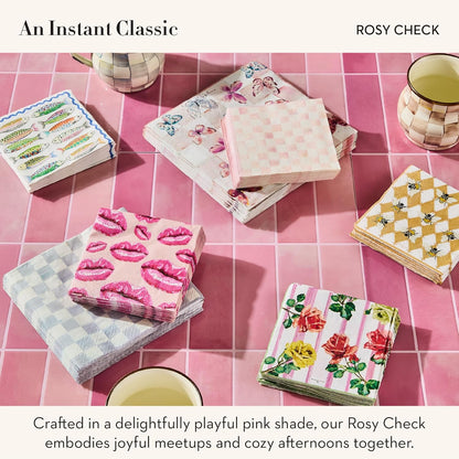 MACKENZIE-CHILDS Cocktail Paper Napkins, Stylish Paper Cocktail Napkins for Parties and More, Pink-and-White Rosy Check
