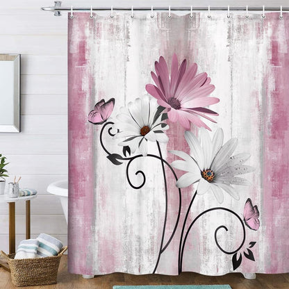 Rustic Farmhouse Shower Curtain, Farm Pink Daisy Floral Flowers and Butterfly on Country Wooden Shower Curtain for Bathroom, Pink Grey Bathroom Shower Curtains with 12PCS Hooks, 70X70IN