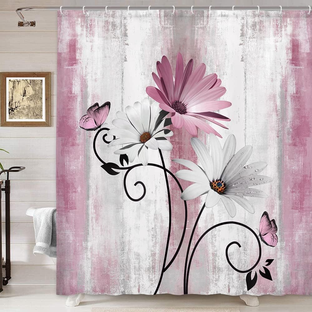 Rustic Farmhouse Shower Curtain, Farm Pink Daisy Floral Flowers and Butterfly on Country Wooden Shower Curtain for Bathroom, Pink Grey Bathroom Shower Curtains with 12PCS Hooks, 70X70IN