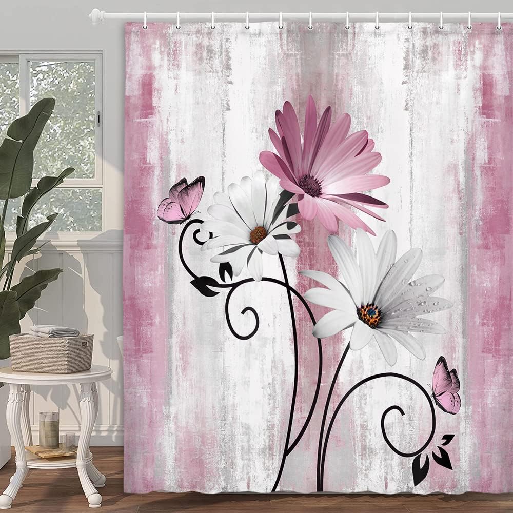 Rustic Farmhouse Shower Curtain, Farm Pink Daisy Floral Flowers and Butterfly on Country Wooden Shower Curtain for Bathroom, Pink Grey Bathroom Shower Curtains with 12PCS Hooks, 70X70IN