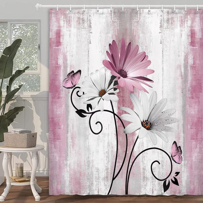 Rustic Farmhouse Shower Curtain, Farm Pink Daisy Floral Flowers and Butterfly on Country Wooden Shower Curtain for Bathroom, Pink Grey Bathroom Shower Curtains with 12PCS Hooks, 70X70IN