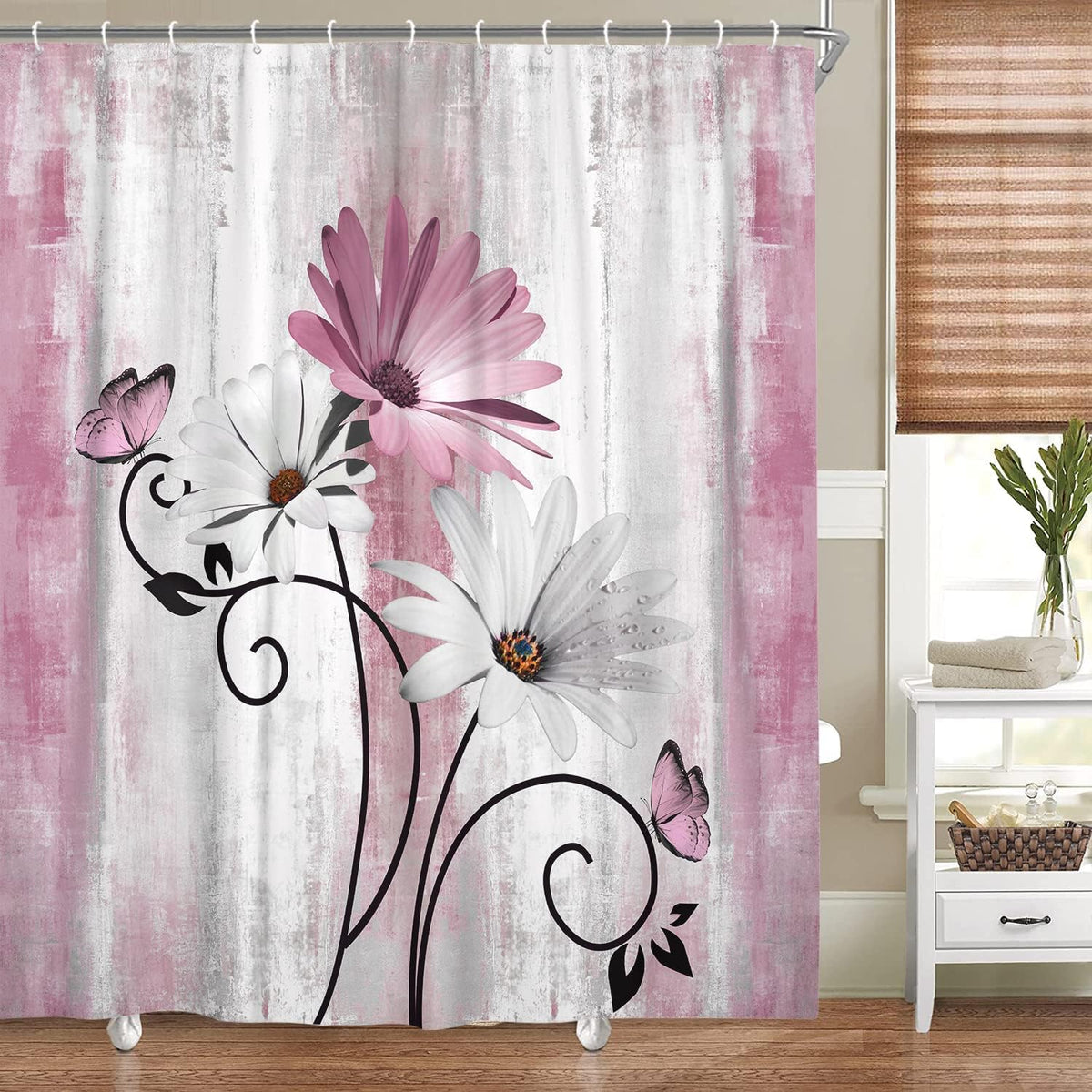 Rustic Farmhouse Shower Curtain, Farm Pink Daisy Floral Flowers and Butterfly on Country Wooden Shower Curtain for Bathroom, Pink Grey Bathroom Shower Curtains with 12PCS Hooks, 70X70IN