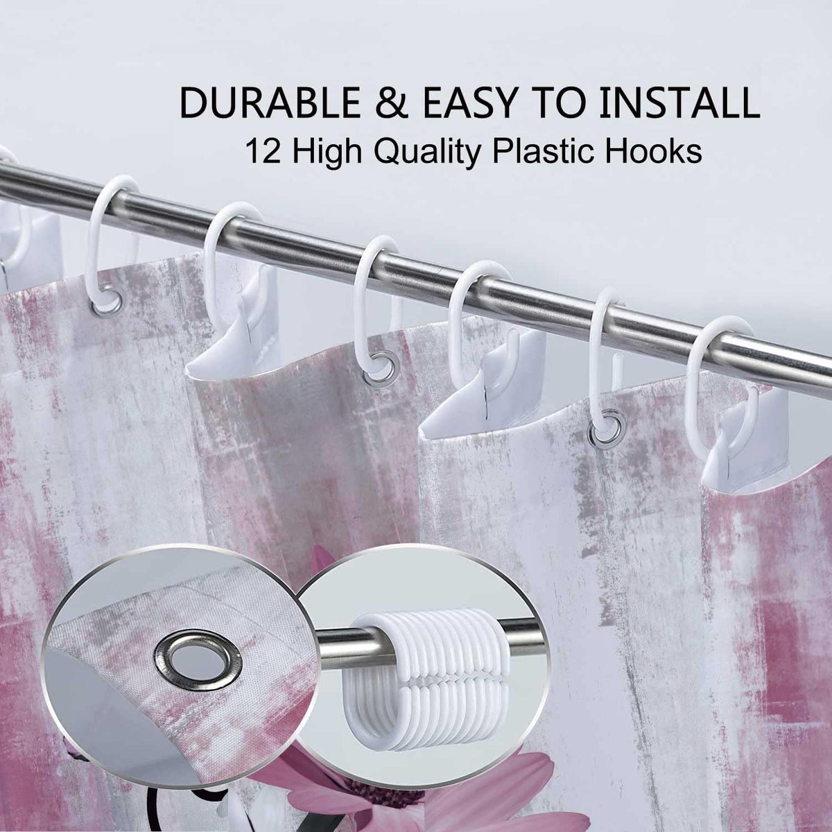 Rustic Farmhouse Shower Curtain, Farm Pink Daisy Floral Flowers and Butterfly on Country Wooden Shower Curtain for Bathroom, Pink Grey Bathroom Shower Curtains with 12PCS Hooks, 70X70IN