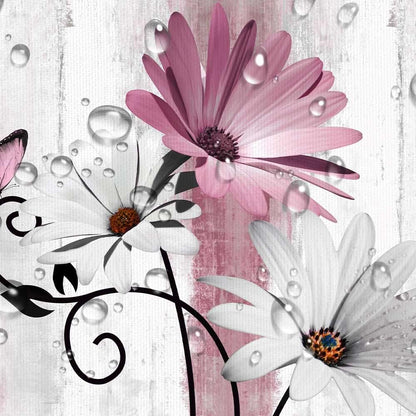 Rustic Farmhouse Shower Curtain, Farm Pink Daisy Floral Flowers and Butterfly on Country Wooden Shower Curtain for Bathroom, Pink Grey Bathroom Shower Curtains with 12PCS Hooks, 70X70IN