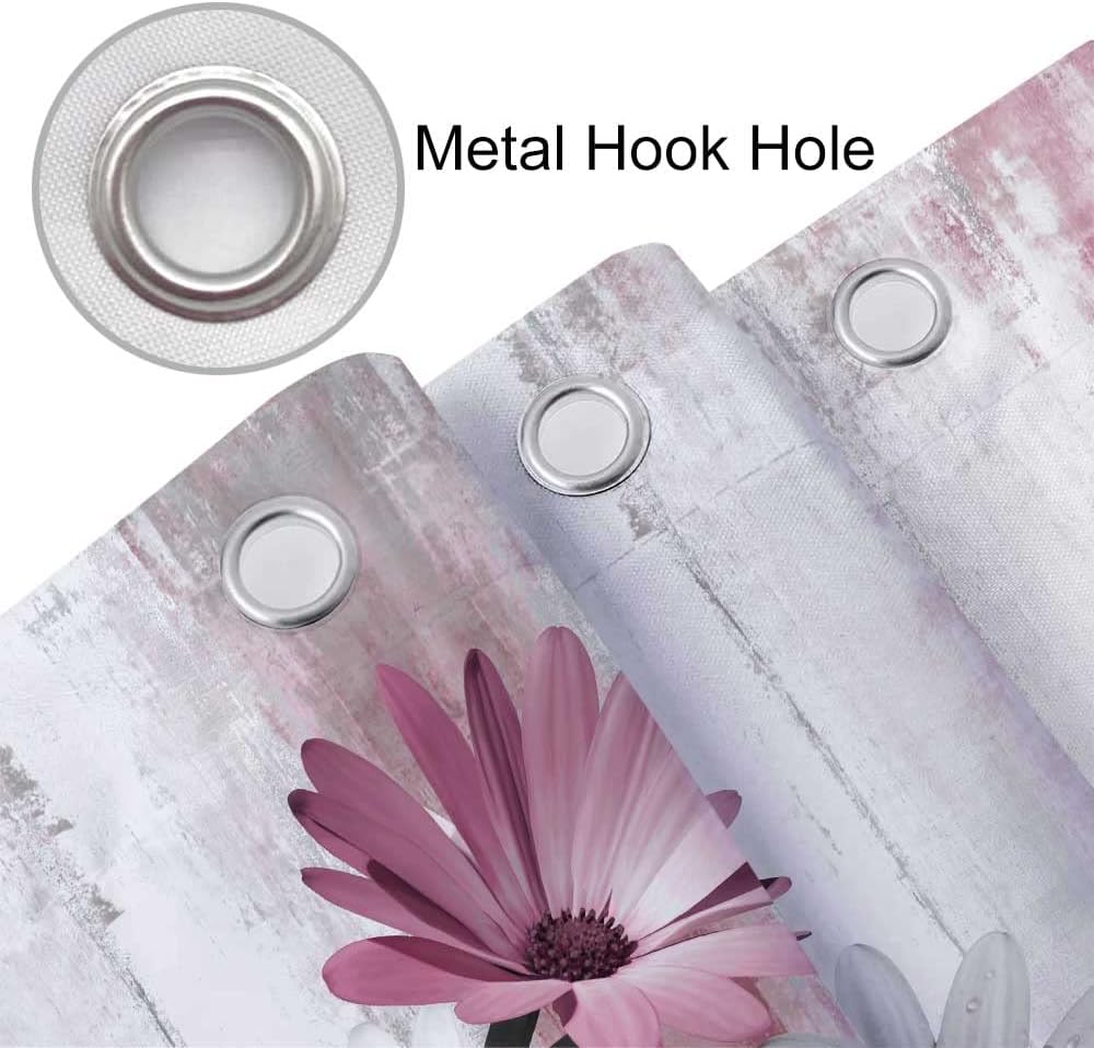 Rustic Farmhouse Shower Curtain, Farm Pink Daisy Floral Flowers and Butterfly on Country Wooden Shower Curtain for Bathroom, Pink Grey Bathroom Shower Curtains with 12PCS Hooks, 70X70IN