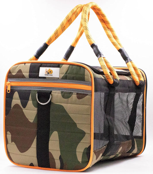 Buddy's Best Airline Approved Pet Carrier – Army Camo & Orange for Dog or Cat, Fits Under Seat, TSA Compliant, Ventilated Mesh Design w/Waterproof Base & Reflective Strips