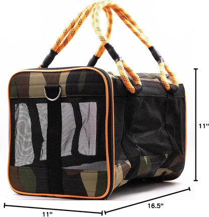 Buddy's Best Airline Approved Pet Carrier – Army Camo & Orange for Dog or Cat, Fits Under Seat, TSA Compliant, Ventilated Mesh Design w/Waterproof Base & Reflective Strips