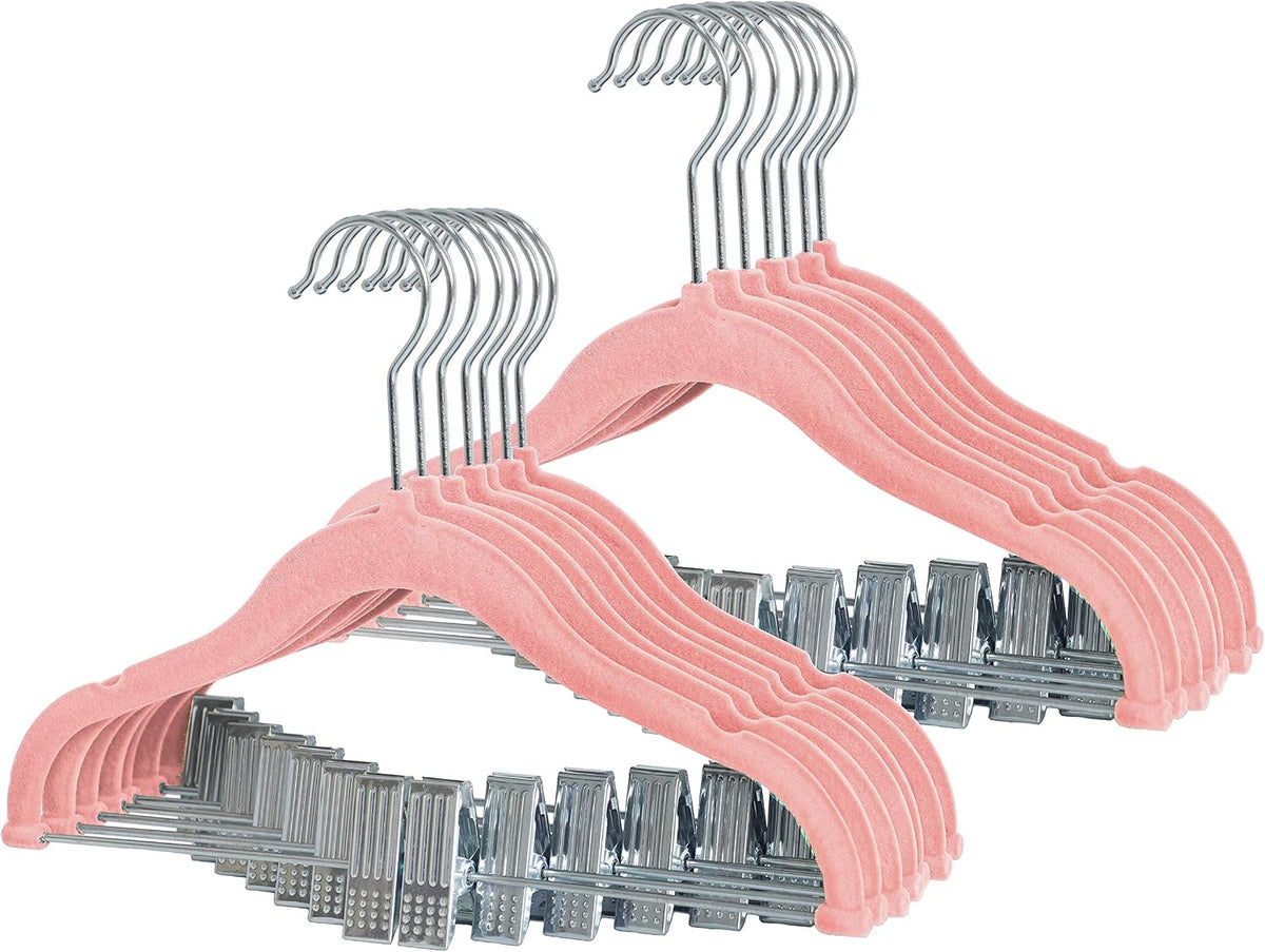 Non-Slip Clothes Hangers for Baby and Kids 20-Pack Velvet Hangers with Movable Clips, Heavy-Duty and Space-Saving for Pants,Skirts, Coat, Pink